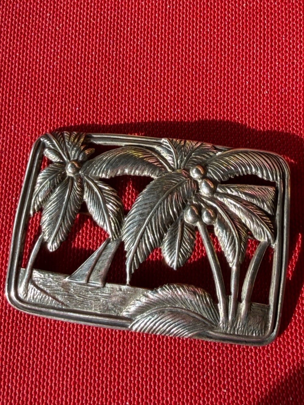 Sterling Silver Palm Tree Beach Boat Brooch 2” circa 1950 - Picture 2 of 5